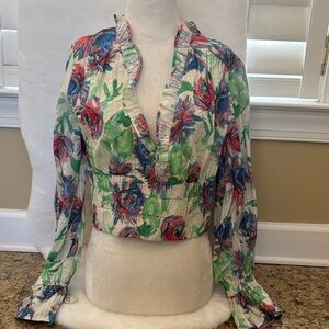 Anthropologie Floral Ruffle V-Neck Blouse - Cream with Blue, Green & Red
